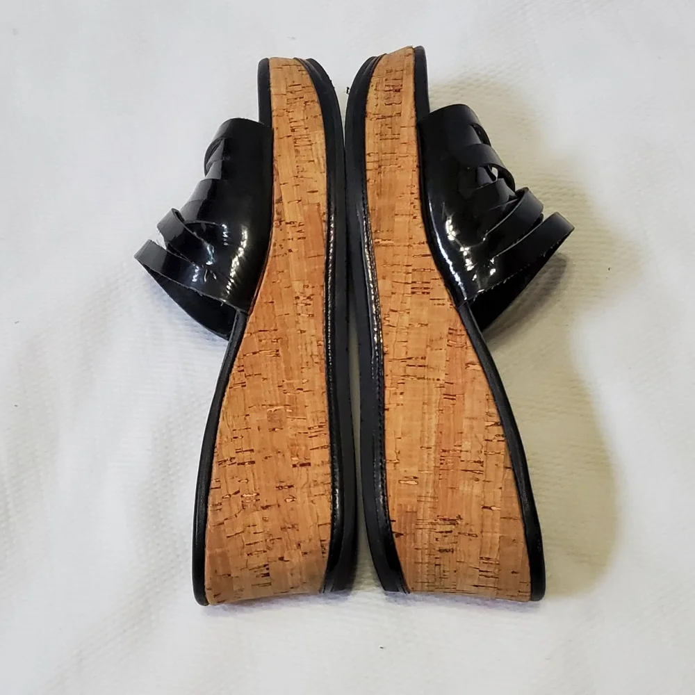 Donald J. Pliner Black Patent Leather Cork Wedge Sandals